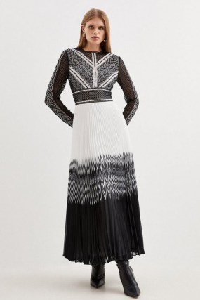 KAREN MILLEN Tall Guipure Lace Maxi Dress in Black ~ monochrome semi sheer dresses - flipped