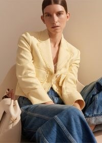 me and em Textured Cotton-Blend Crop Jacket in Custard – yellow cropped frayed edge jackets