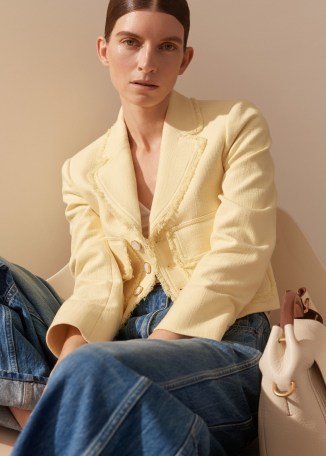me and em Textured Cotton-Blend Crop Jacket in Custard – yellow cropped frayed edge jackets - flipped