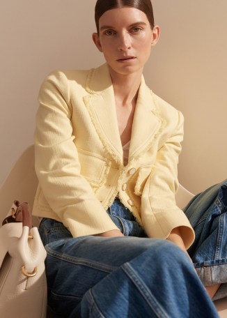 me and em Textured Cotton-Blend Crop Jacket in Custard – yellow cropped frayed edge jackets