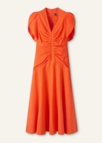 ME AND EM Textured Pleat Front Midi Dress in Orange Zing / bright ruched puff shoulder dresses