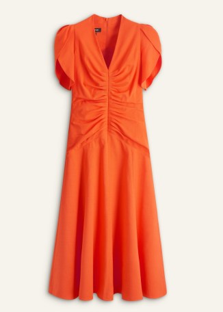 ME AND EM Textured Pleat Front Midi Dress in Orange Zing / bright ruched puff shoulder dresses - flipped