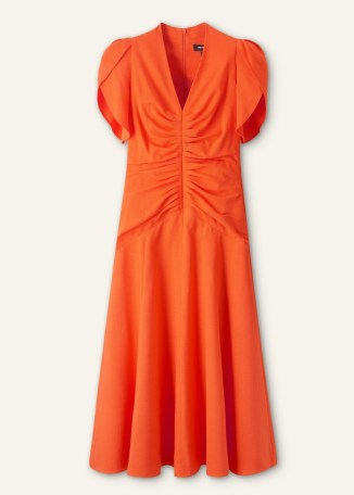 ME AND EM Textured Pleat Front Midi Dress in Orange Zing / bright ruched puff shoulder dresses
