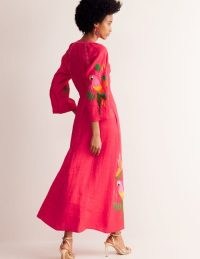 Boden Una Linen Embroidered Dress in Hibiscus / women’s pink summer dresses with bird embroidery