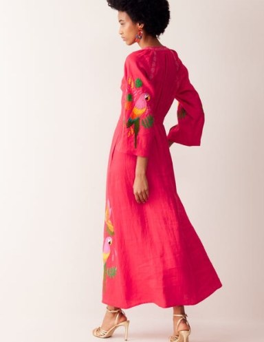 Boden Una Linen Embroidered Dress in Hibiscus / women’s pink summer dresses with bird embroidery - flipped