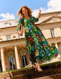 Boden V Neck Puff Maxi Dress in Green Tambourine, Wild Flower / floral balloon sleeve tiered hem summer dresses