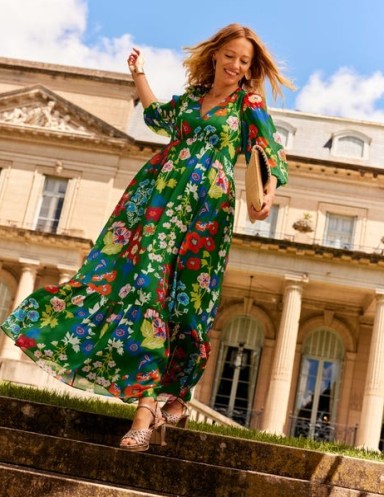 Boden V Neck Puff Maxi Dress in Green Tambourine, Wild Flower / floral balloon sleeve tiered hem summer dresses - flipped