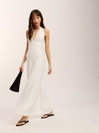 Reformation Delilah Linen Dress in White | plunge front halter neck maxi dresses | summer halterneck with plunging neckline