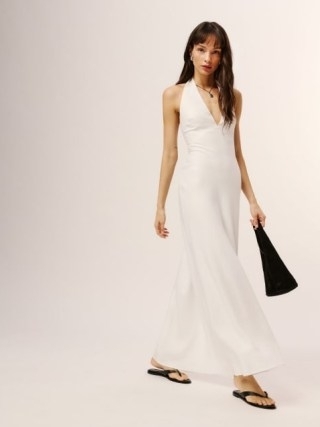 Reformation Delilah Linen Dress in White | plunge front halter neck maxi dresses | summer halterneck with plunging neckline - flipped