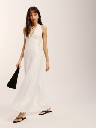 Reformation Delilah Linen Dress in White | plunge front halter neck maxi dresses | summer halterneck with plunging neckline