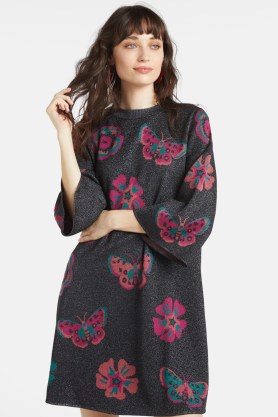 gorman x Sarah Gordon Winter Orchard Knit Dress – floral lurex fibre dresses – metallic winter fashion - flipped