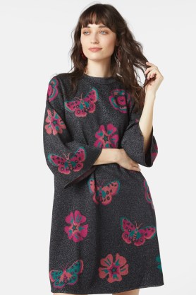 gorman x Sarah Gordon Winter Orchard Knit Dress – floral lurex fibre dresses – metallic winter fashion
