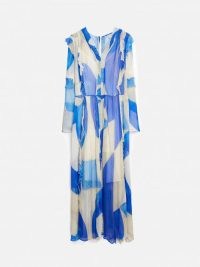 JIGSAW Abstract Long Sleeve Dress in Blue – sheer ruffled summer occasion dresses – flowing occasionwear