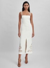 REISS – ACLER DELACOURT LINEN BLEND CUT-OUT MIDI DRESS IVORY – strappy square neck cutout detail dresses – chic summer clothing