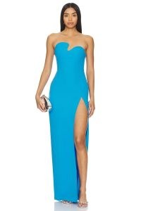 Amanda Uprichard x REVOLVE Puzzle Gown in Blue Jay – strapless high slit leg maxi dresses – party glamour – glamorous evening event fashion