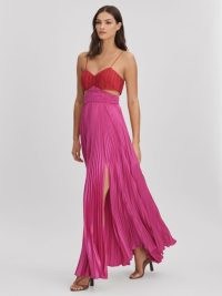REISS ELODIE AMUR PLEATED CUT-OUT MAXI DRESS MAGENTA – strappy tonal cutout dresses – luxe summer occasion clothes