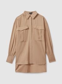 REISS MIRABELLE ATELIER OVERSIZED POCKET BUTTON-THROUGH SHIRT in CAMEL ~ women’s light brown dip hem utility shirts