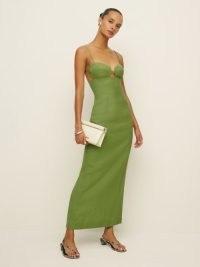 Reformation Malibu Linen Dress in Avocado ~ strappy green column maxi dresses