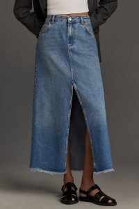 Pilcro Madi Front-Slit Denim Maxi Skirt | blue long length split hem skirts