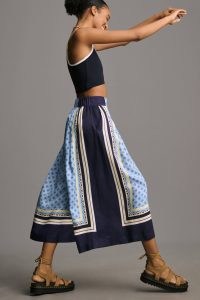 Maeve Printed Pleated A-Line Culottes in Blue Motif – mixed print cropped wide leg trousers