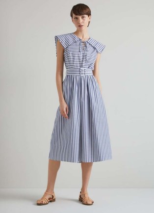 L.K. Bennett Beau Blue and Cream Striped Cotton Sun Dress in Navy Cream – women’s stripe print summer dresses - flipped