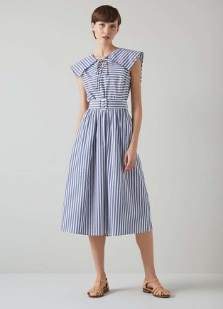 L.K. Bennett Beau Blue and Cream Striped Cotton Sun Dress in Navy Cream – women’s stripe print summer dresses