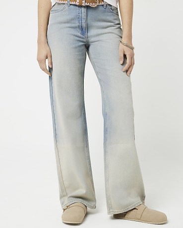 RIVER ISLAND Blue Mid Rise Relaxed Straight Faded Jeans ~ women’s denim fashion - flipped