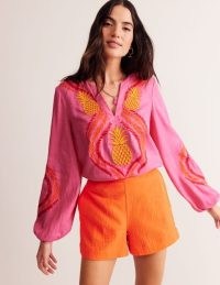 Boden Bonnie Linen Top in Sangria Sunset, Pineapple / women’s pink kaftan style summer tops