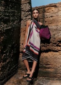 ME and EM Border Sarong in Chocolate/Off White/Lilac/Coral – chic multi way sarongs – poolside clothing – pool cover up