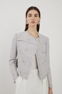 KAREN MILLEN Boucle Double Breasted Collarless Tailored Jacket ~ chic tweed style jackets