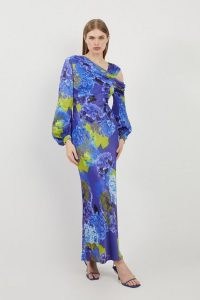 KAREN MILLEN Bright Floral Print Satin Cold Shoulder Draped Midi Dress in Purple ~ silky asymmetric neckline occasion dresses