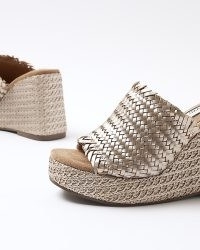 River Island Bronze Leather Woven Wedge Sandals | chunky metallic vintage style wedges | retro wedged summer sandal