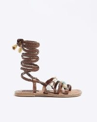 RIVER ISLAND Brown Leather Beaded Tie Up Gladiator Sandals ~ flat strappy summer sandal ~ holiday shoes