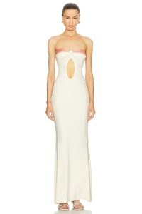 BUCI Bloom Dress in Almond & Blossom – cut out bandeau maxi dresses – glamorous strapless evening fashion