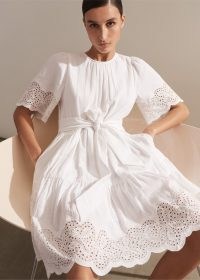 me and em Cheesecloth Broderie Short Swing Dress + Belt in Soft White – cotton tie waist tiered hem summer dresses