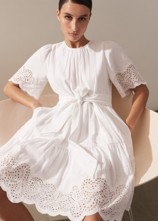 me and em Cheesecloth Broderie Short Swing Dress + Belt in Soft White – cotton tie waist tiered hem summer dresses - flipped