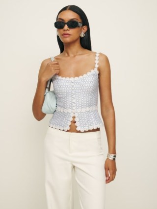 Reformation Minna Linen Top in Cindy / blue and white strappy floral summer tops