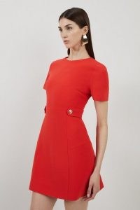 KAREN MILLEN Compact Stretch Essential Waist Tab Detail Tailored Mini Dress in Red ~ short sleeve cinched waist dresses