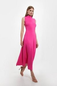 KAREN MILLEN Compact Stretch Viscose Tailored High Neck Tie Detail Midi Dress in Bright Pink ~ sleeveless fit and flare dresses