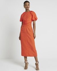 RIVER ISLAND Coral Puffed Sleeves Ruched Midi Dress / orange puff sleeve dresses