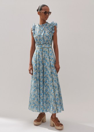 me and em Cotton English Garden Print Maxi Dress in Blue / Khaki / Yellow – floral ruffle trim summer dresses - flipped