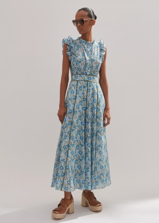 me and em Cotton English Garden Print Maxi Dress in Blue / Khaki / Yellow – floral ruffle trim summer dresses