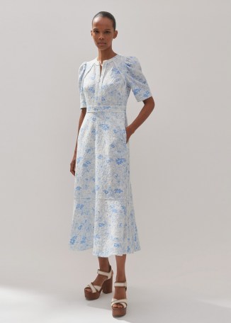 me and em Cotton Jacquard Gardenia Print Maxi Dress in Light Cream / Blue – floral vintage style summer dresses - flipped