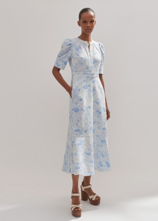 me and em Cotton Jacquard Gardenia Print Maxi Dress in Light Cream / Blue – floral vintage style summer dresses