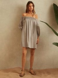 REISS SOFIA COTTON RUCHED PUFF SLEEVE MINI DRESS MOCHA ~ muted brown bardot dresses ~ off the shoulder summer fashion