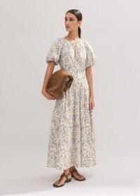 ME and EM Cotton Voile Floral Print Maxi Dress in Light Cream / Blue / Multi – balloon sleeve summer event dresses