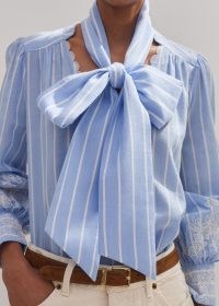 me and em Cotton Voile Lace Embroidered Top + Tie in Pale Blue / White – pussybow tops – striped blouses