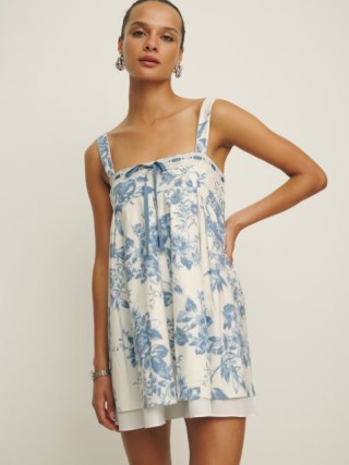Reformation Shai Dress in Courtier – chic blue and white floral babydoll mini dresses - flipped