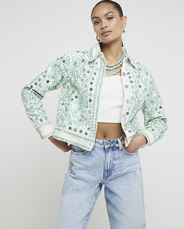 RIVER ISLAND Cream Embroidered Embellished Jacket ~ women’s off white and green stitch jackets