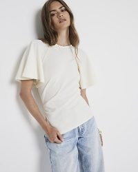 RIVER ISLAND Cream Flute Short Sleeve T-Shirt / side ruched tee / short fluted sleeve T-shirts